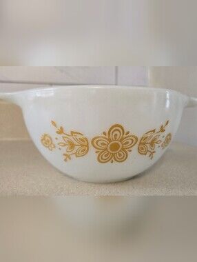 Pyrex White Mixing Bowl with Gold Floral Pattern